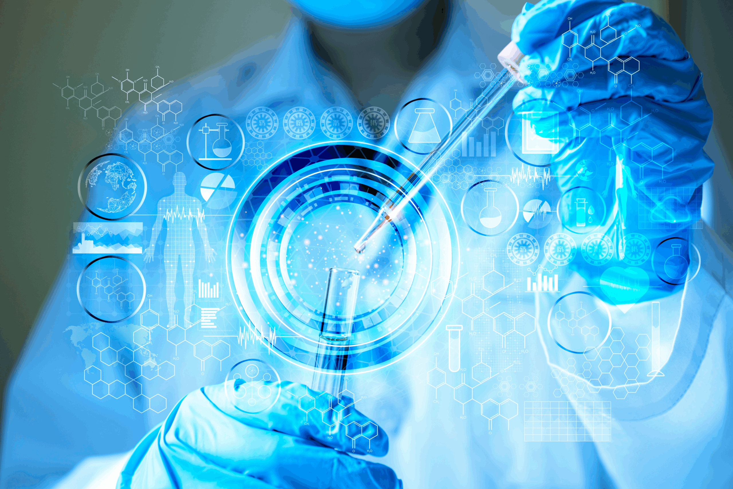 A composite image of a scientist in a lab with a futuristic digital overlay symbolizing medical research and pharmaceutical innovation