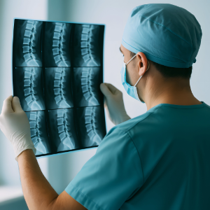 Physician reviews spine x-ray