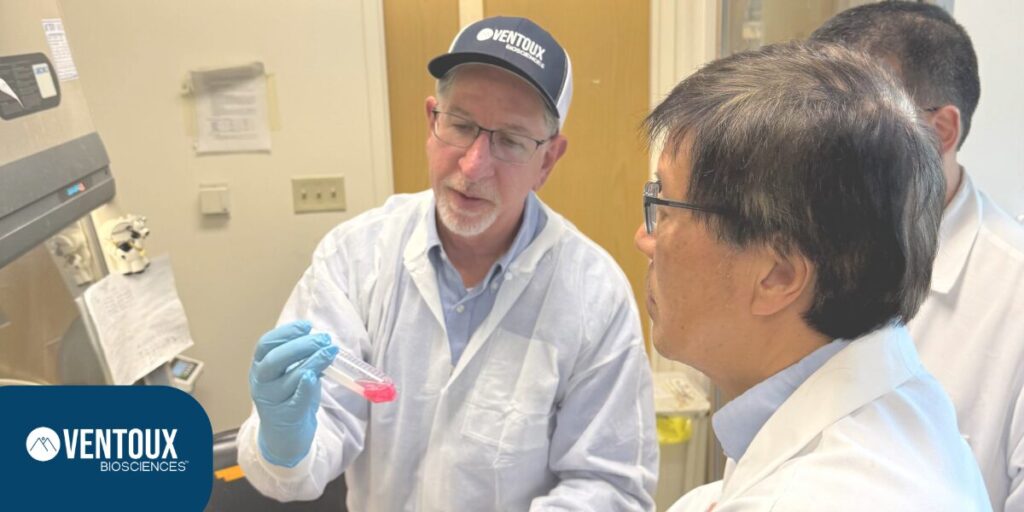 Ken Lipson, PhD, Chief Scientific Officer of Ventoux Biosciences, reviewing human tissue sample tubes with academic research partners during the ex vivo pilot study.